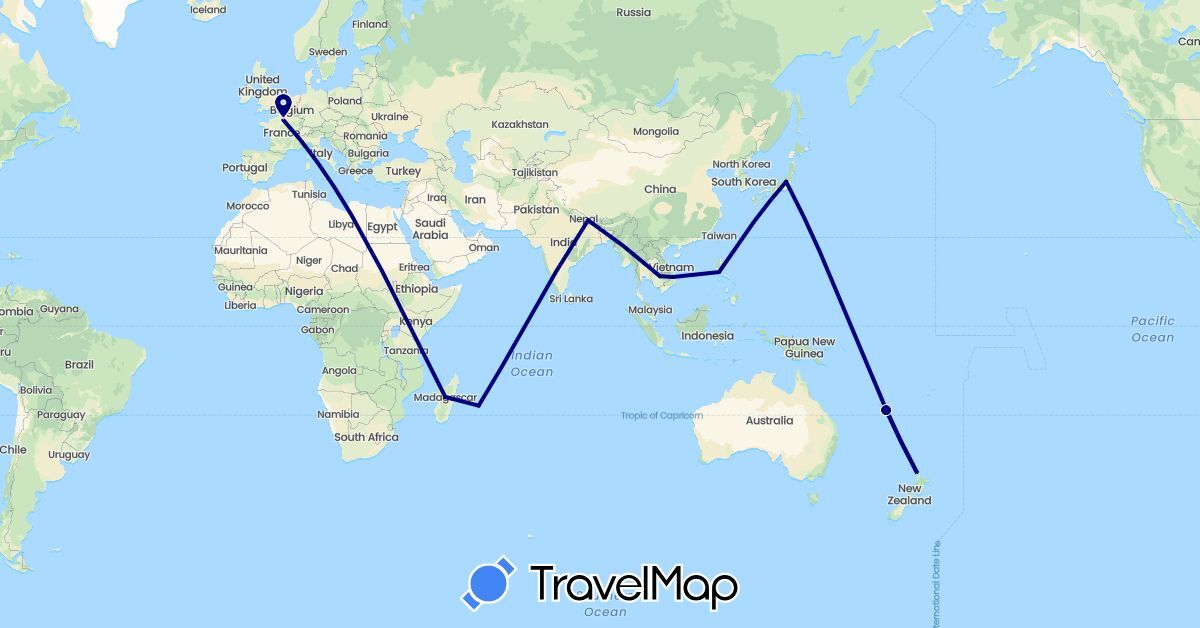 TravelMap itinerary: driving in France, Japan, Cambodia, Madagascar, Nepal, New Zealand, Philippines, Vietnam (Africa, Asia, Europe, Oceania)